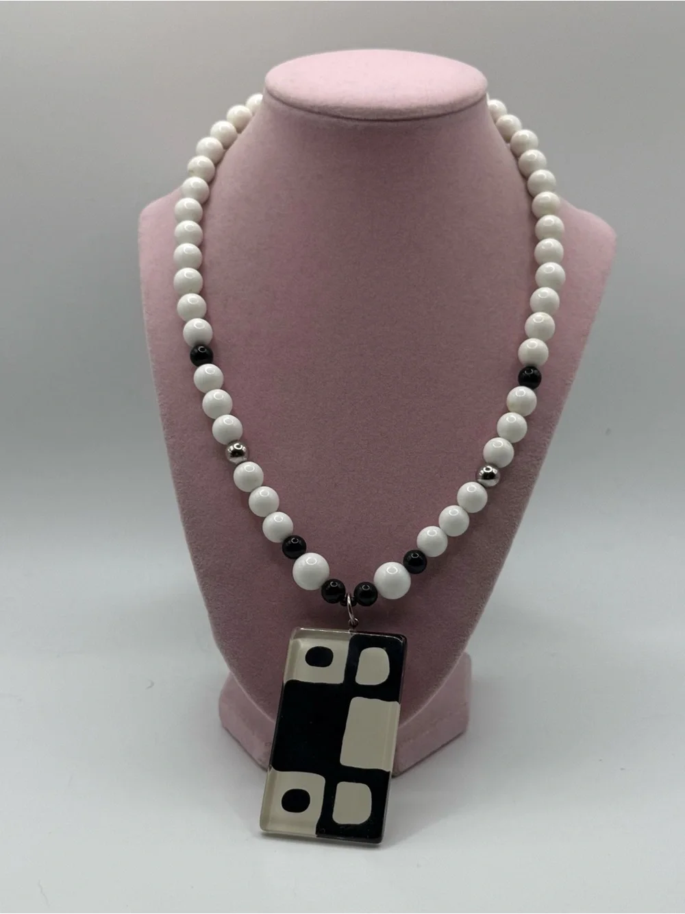 White and Black abstract Beaded Pendant Necklace